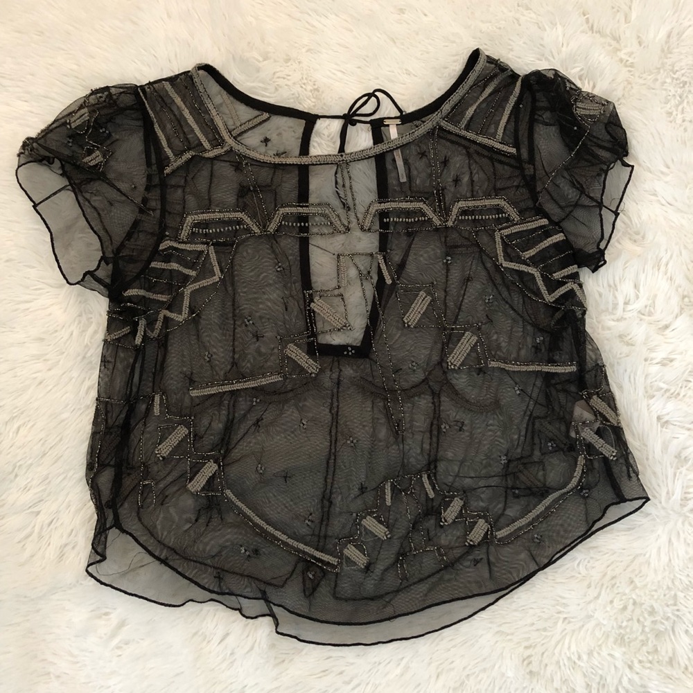 FREE PEOPLE- Beaded Mesh black top